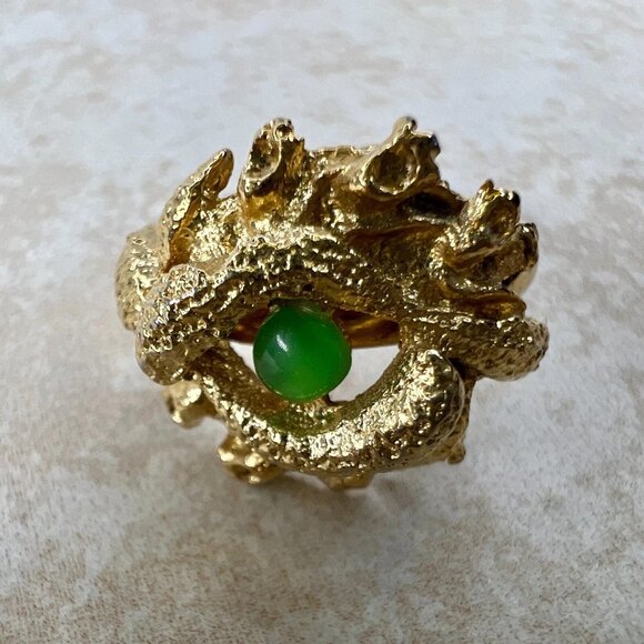 Brutalist Gold Tone Green Orb Adjustable Ring – Vintage Statement Size 6.5 - Picture 5 of 6